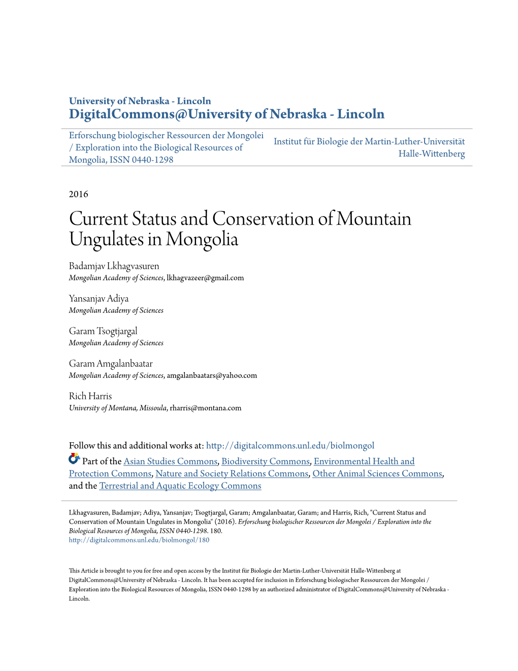 Current Status and Conservation of Mountain Ungulates in Mongolia Badamjav Lkhagvasuren Mongolian Academy of Sciences, Lkhagvazeer@Gmail.Com