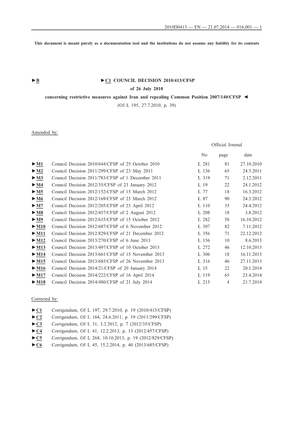 B C1 COUNCIL DECISION 2010/413/CFSP of 26