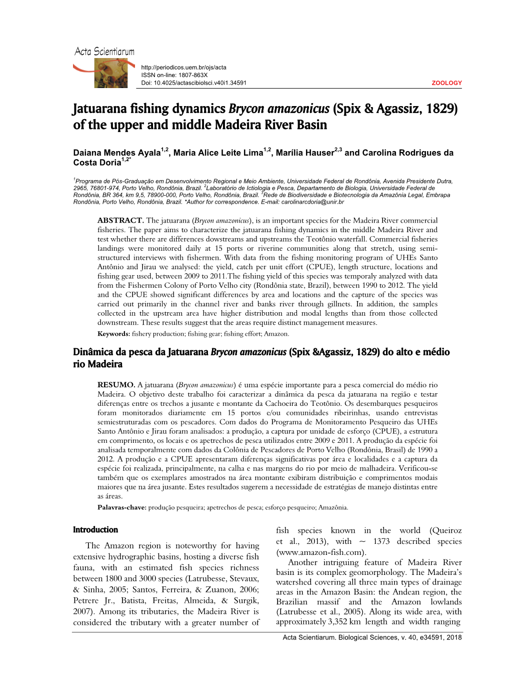 Jatuarana Fishing Dynamics Brycon Amazonicus (Spix & Agassiz, 1829) of the Upper and Middle Madeira River Basin