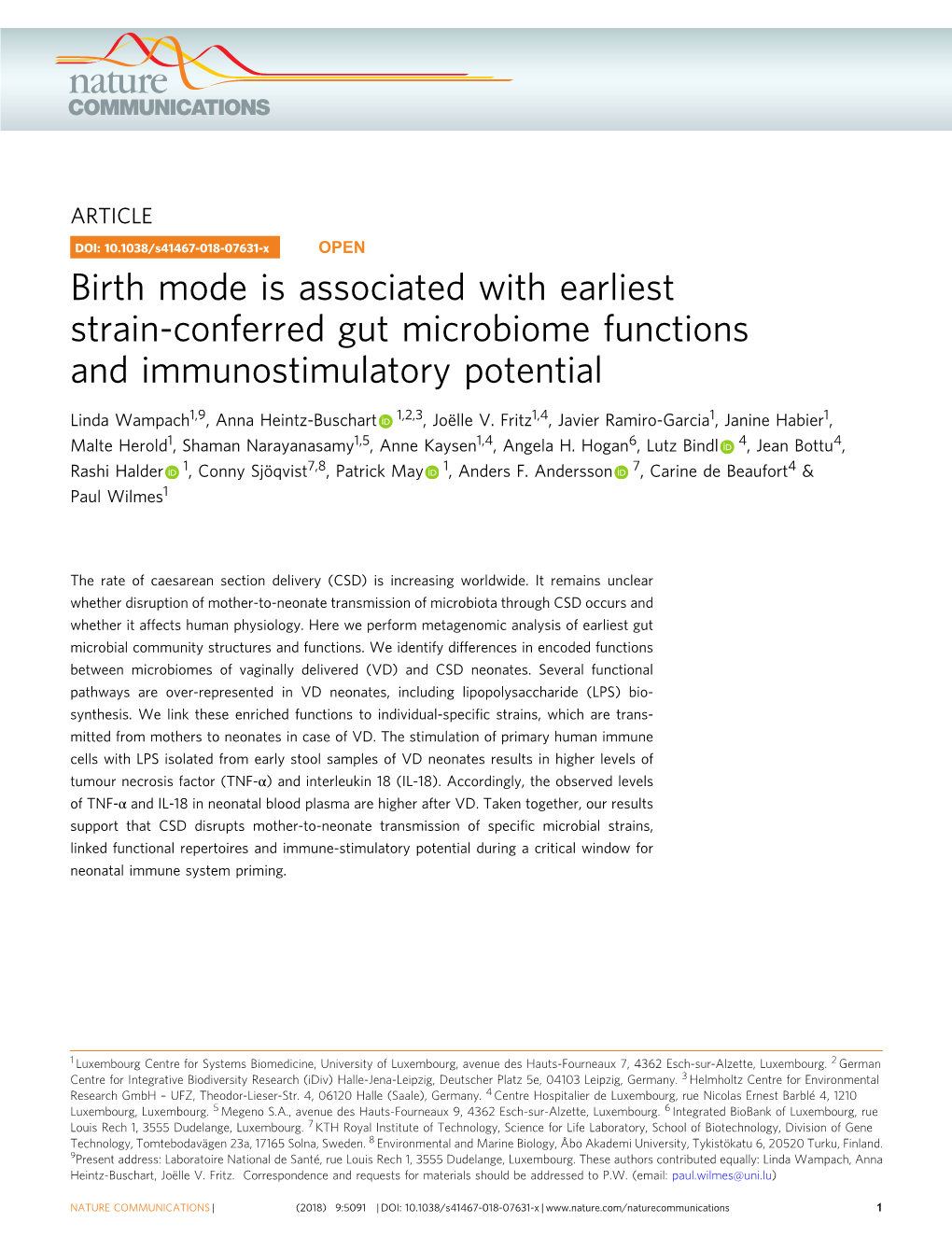 Birth Mode Is Associated with Earliest Strain-Conferred Gut Microbiome Functions and Immunostimulatory Potential