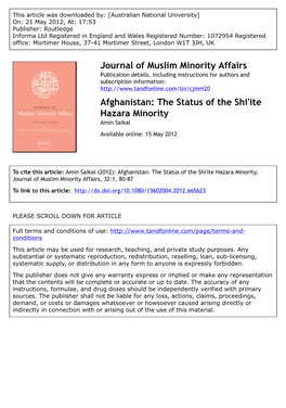 Afghanistan: the Status of the Shi'ite Hazara Minority Amin Saikal Available Online: 15 May 2012