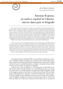 Antonio Reparaz, Un Músico Español En Oporto: Nuevos Datos Para Su Biografía