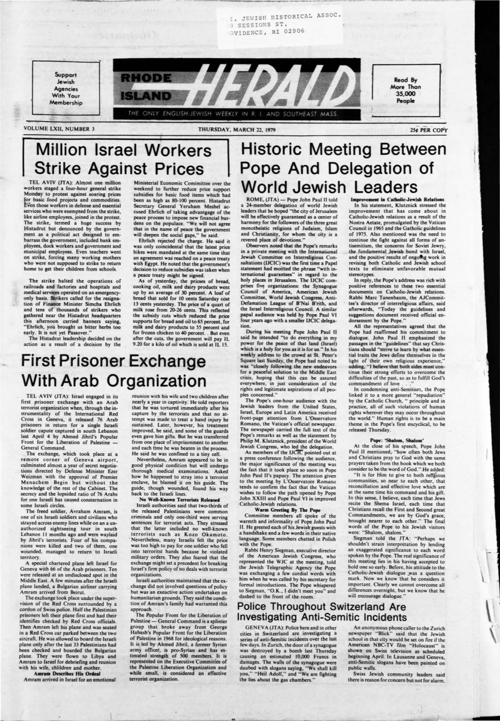 Mi-Ilion Israel Workers Strike Against Prices Historic Meeting Between Pope and Delegation of World Jewish Leaders First Prisone