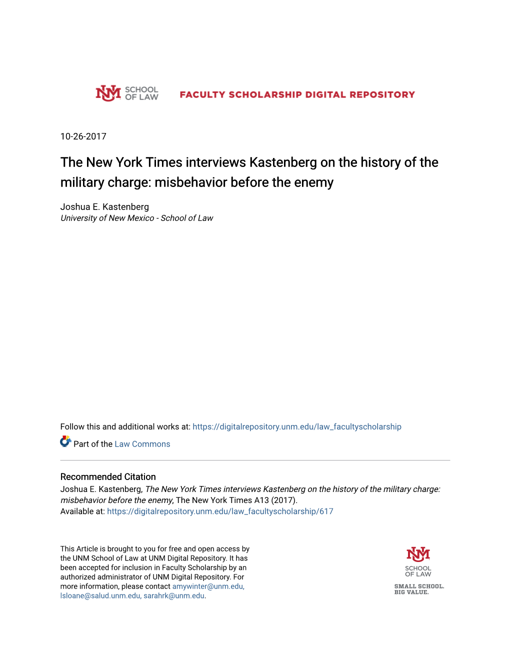 The New York Times Interviews Kastenberg on the History of the Military Charge: Misbehavior Before the Enemy