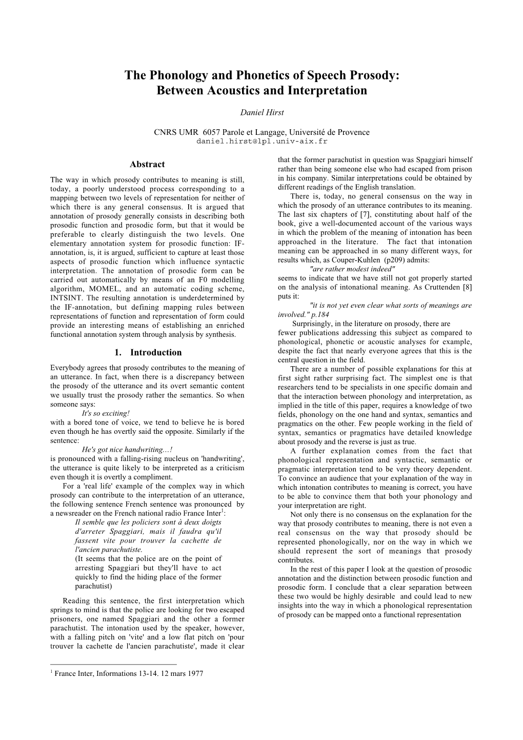 The Phonology and Phonetics of Speech Prosody: Between Acoustics and Interpretation