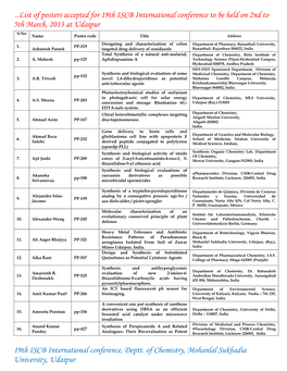 List of Posters Accepted for 19Th ISCB International Conference to Be Held on 2Nd To