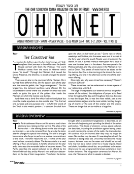 The Ohr Somayach Torah Magazine on the Internet • O H R N E T Shabbat Parshiot Tzav - Shmini - Pesach Special • 12-26 Nissan 5764 • Apr