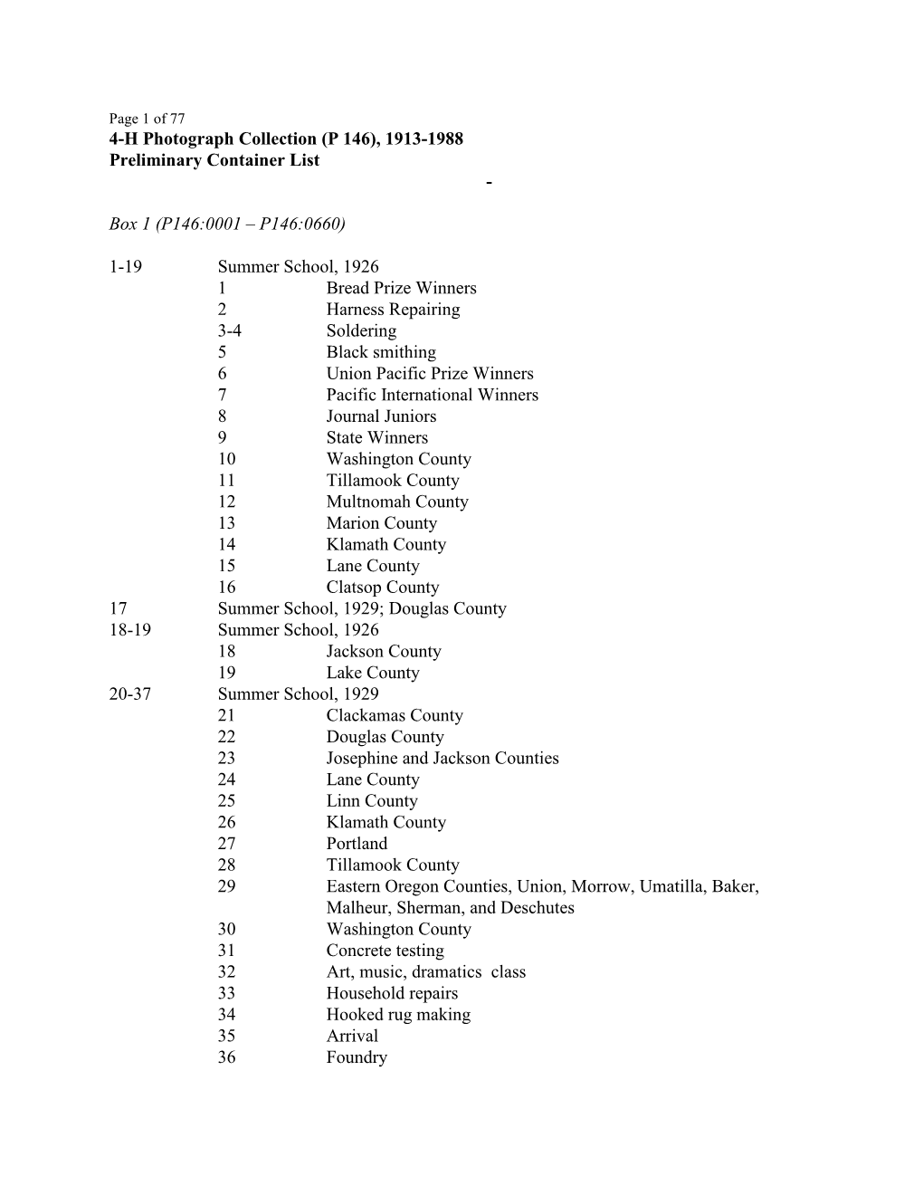 4-H Photograph Collection (P 146), 1913-1988 Preliminary Container List