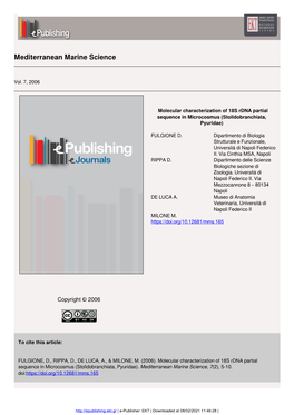 Molecular Characterization of 18S Rdna Partial Sequence in Microcosmus (Stolidobranchiata, Pyuridae)