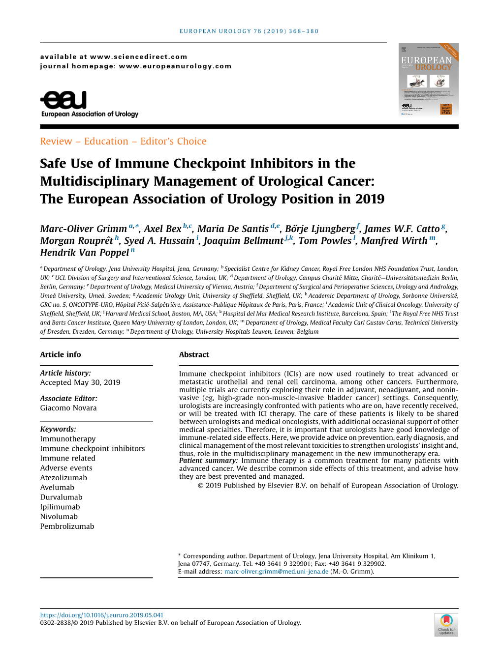 Safe Use of Immune Checkpoint Inhibitors in the Multidisciplinary Management of Urological Cancer: the European Association of Urology Position in 2019