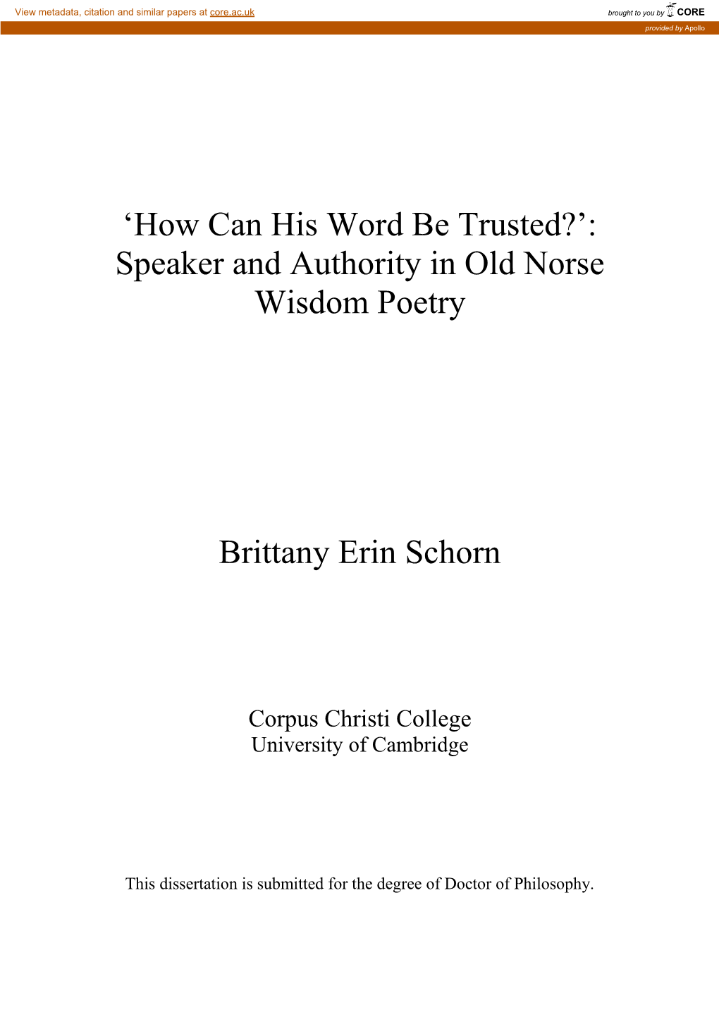 Speaker and Authority in Old Norse Wisdom Poetry Brittany