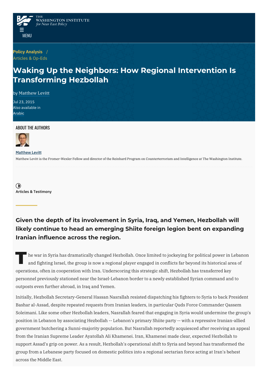 How Regional Intervention Is Transforming Hezbollah by Matthew Levitt