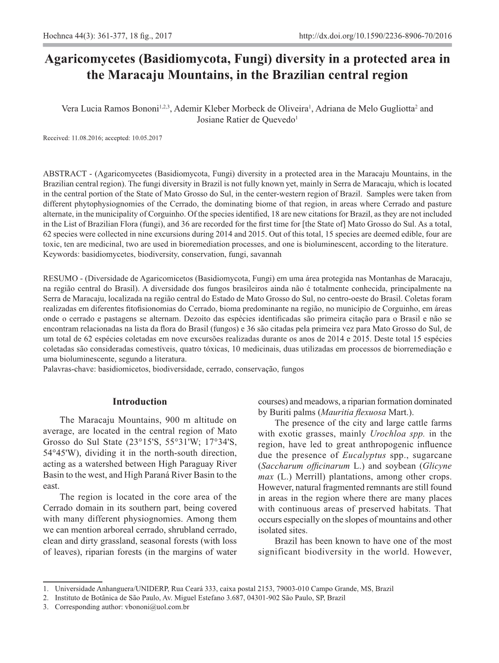 (Basidiomycota, Fungi) Diversity in a Protected Area in the Maracaju Mountains, in the Brazilian Central Region