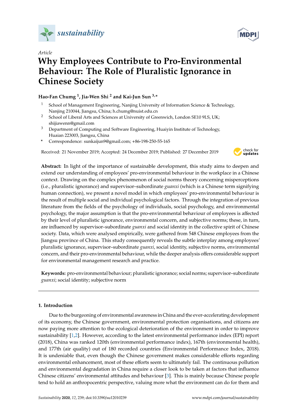 Why Employees Contribute to Pro-Environmental Behaviour: the Role of Pluralistic Ignorance in Chinese Society