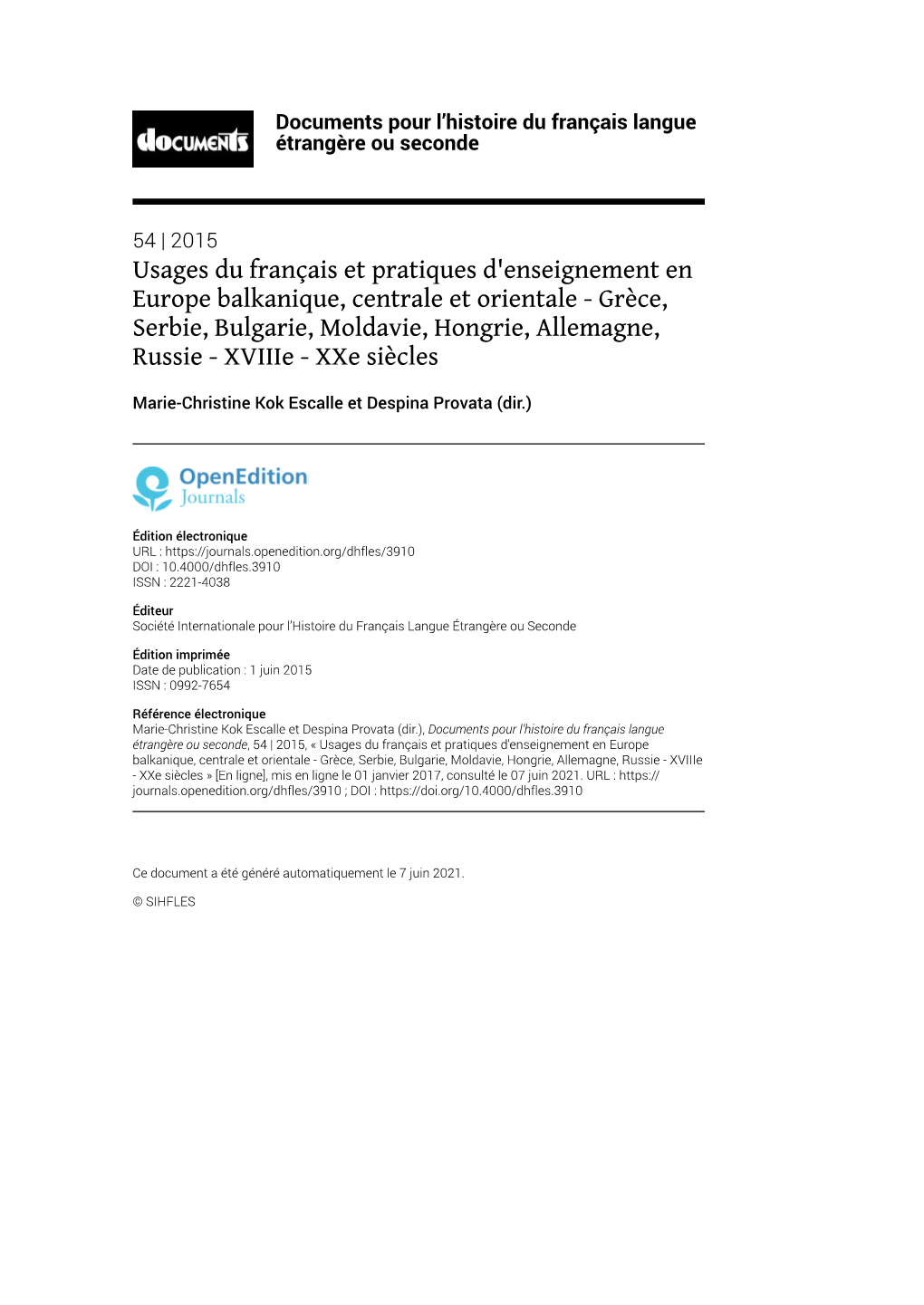 Documents Pour L'histoire Du Français Langue Étrangère Ou Seconde, 54