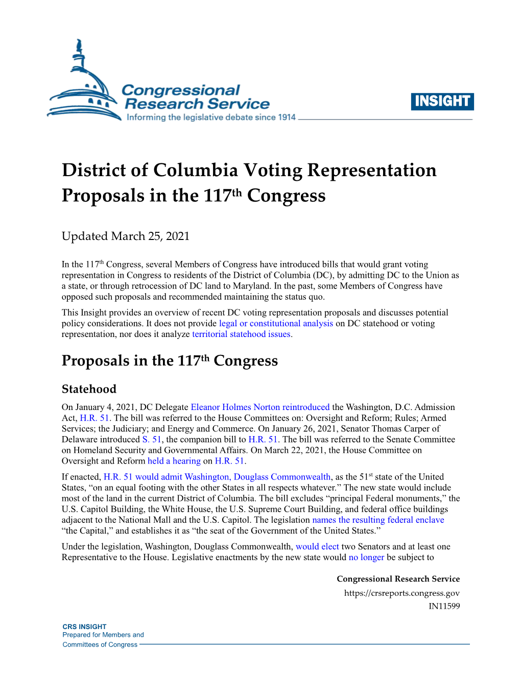 District of Columbia Voting Representation Proposals in the 117Th Congress