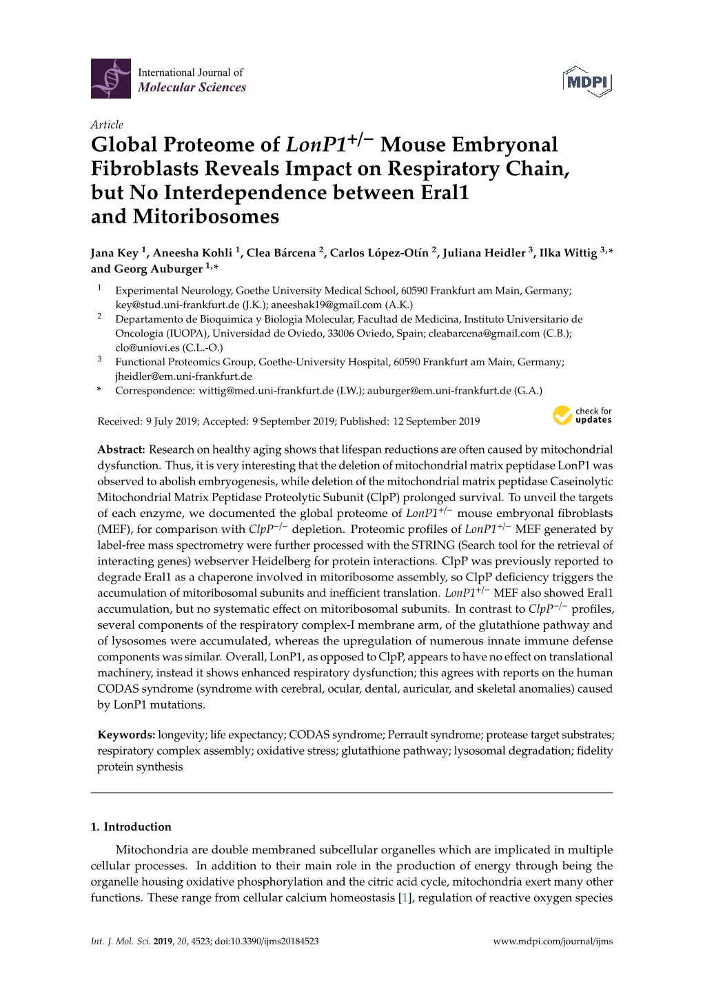 Global Proteome of Lonp1+/- Mouse Embryonal