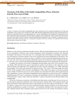 Taxonomy of the Fishes of the Family Leiognathidae (Pisces, Teleostei) from the West Coast of India