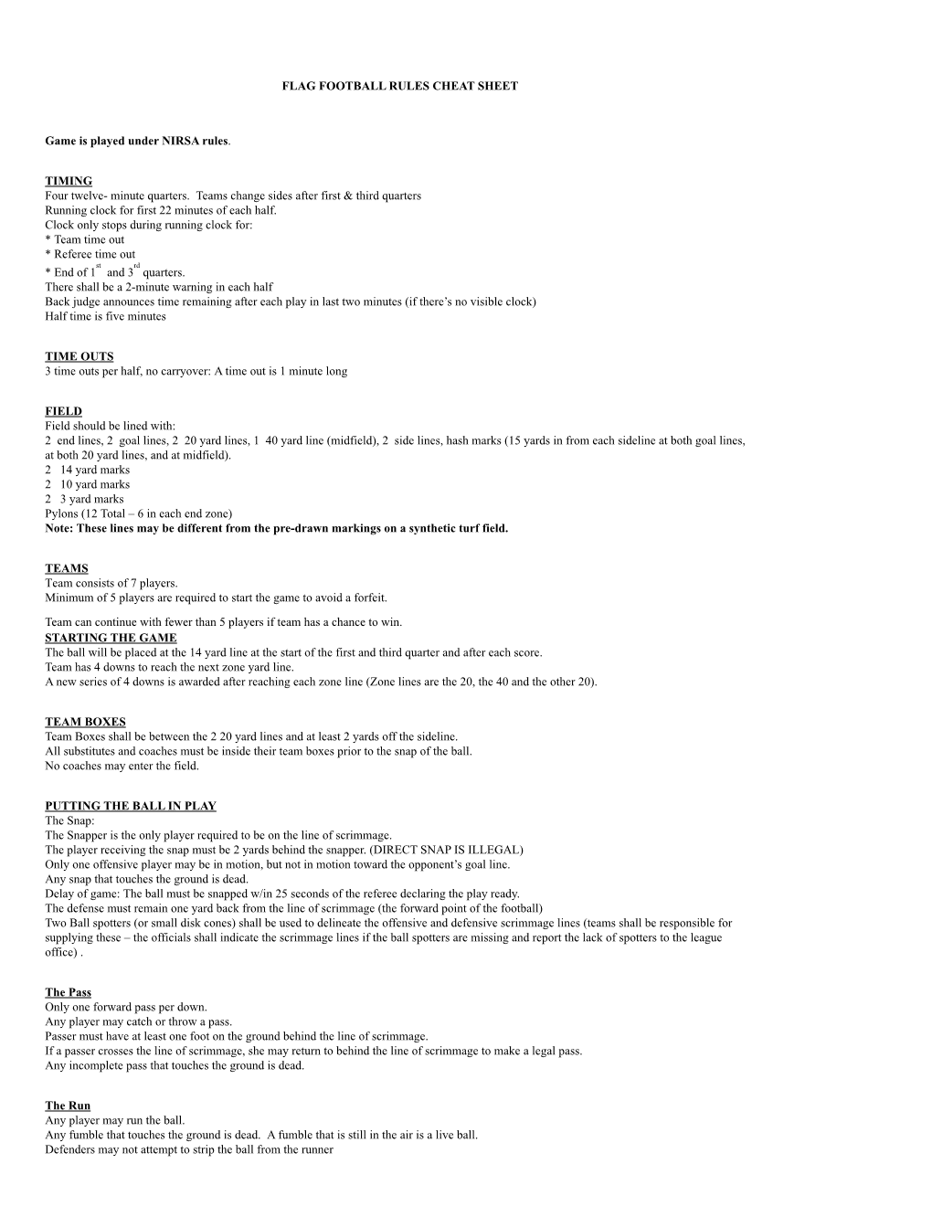 FLAG FOOTBALL RULES CHEAT SHEET 2016 Final