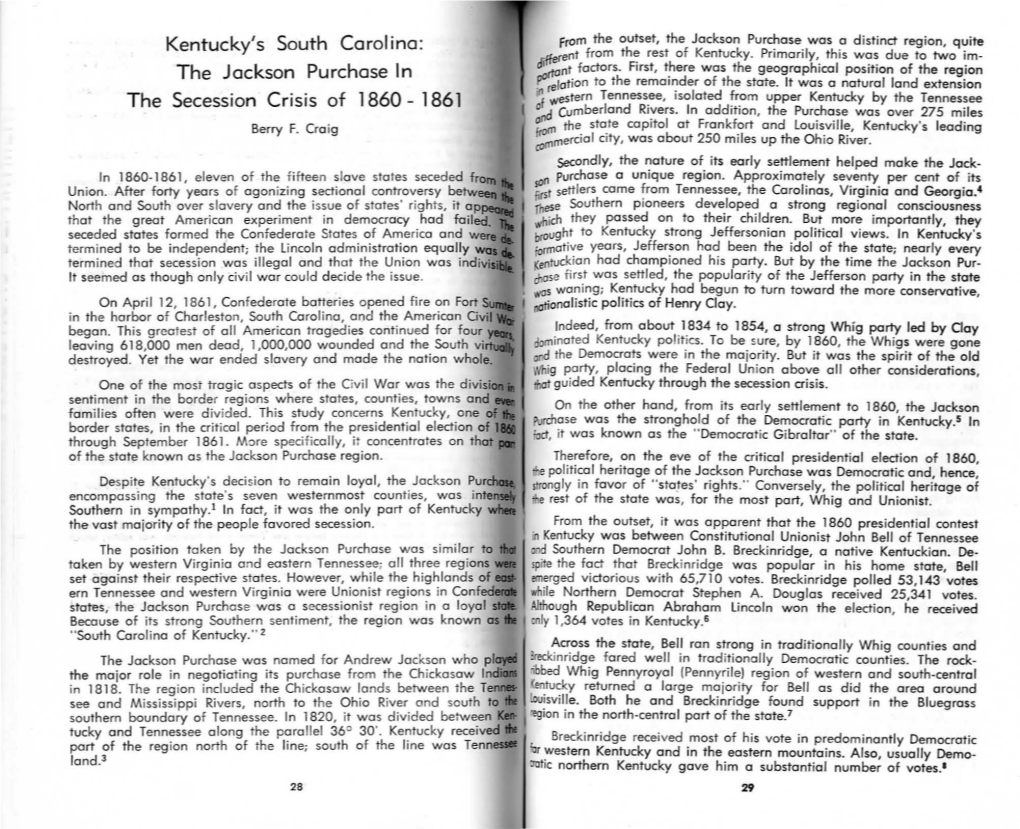 The Jackson Purchase in the Secession Crisis of 1860