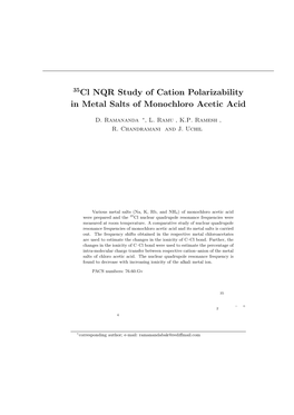 35Cl NQR Study of Cation Polarizability in Metal Salts of Monochloro Acetic Acid