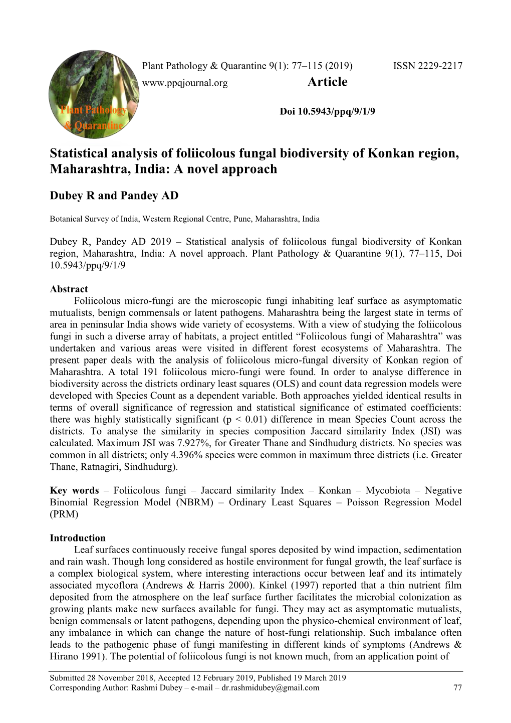 Statistical Analysis of Foliicolous Fungal Biodiversity of Konkan Region, Maharashtra, India: a Novel Approach
