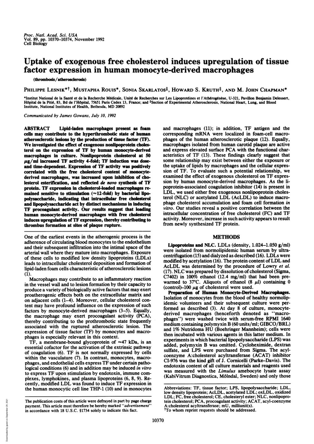 Uptake of Exogenous Free Cholesterol Induces Upregulation of Tissue