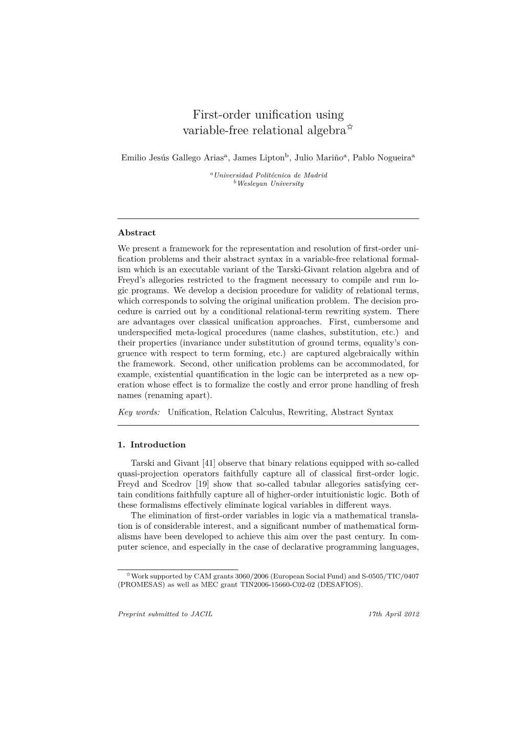 First-Order Unification Using Variable-Free Relational Algebra$