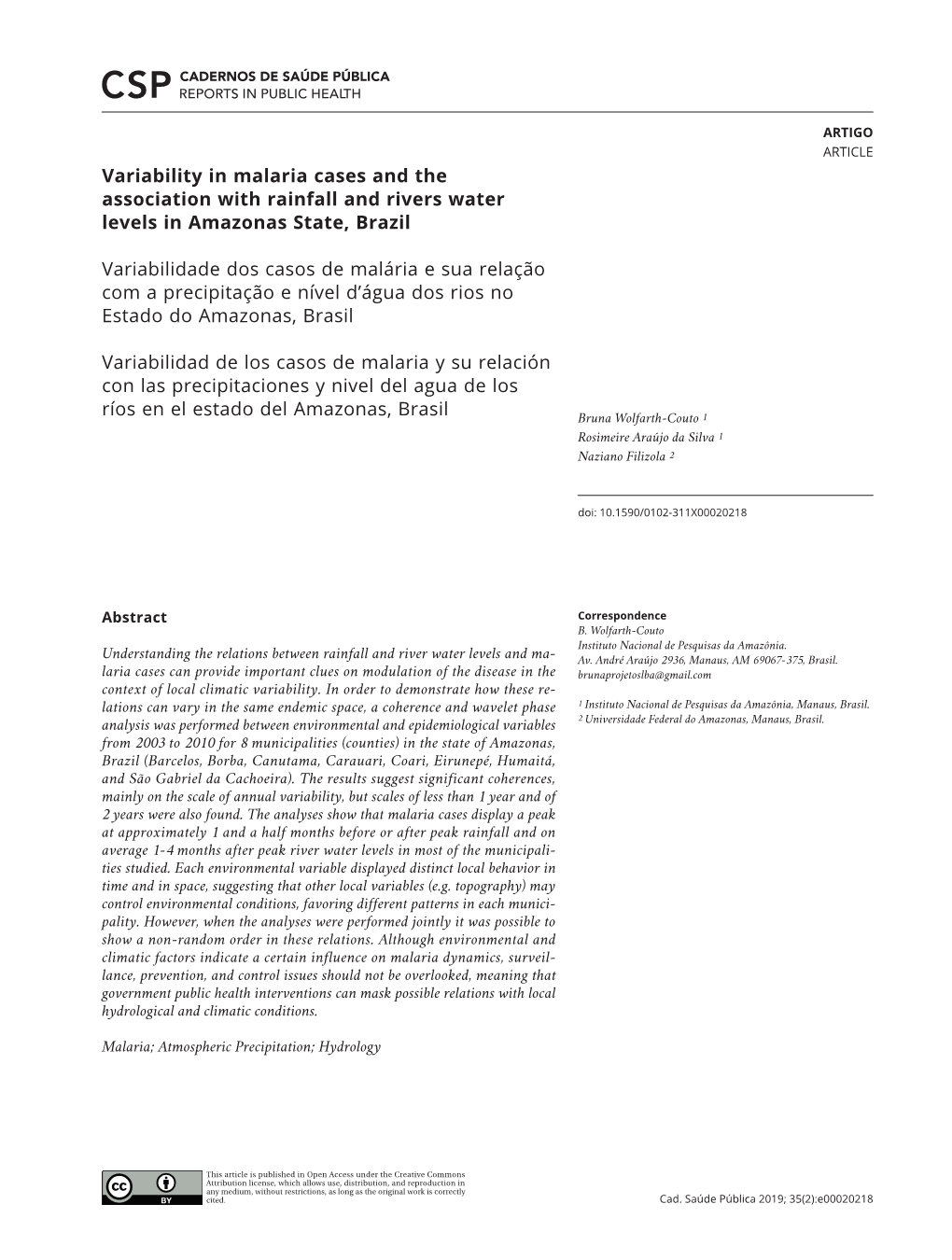 Variability in Malaria Cases and the Association with Rainfall and Rivers Water Levels in Amazonas State, Brazil