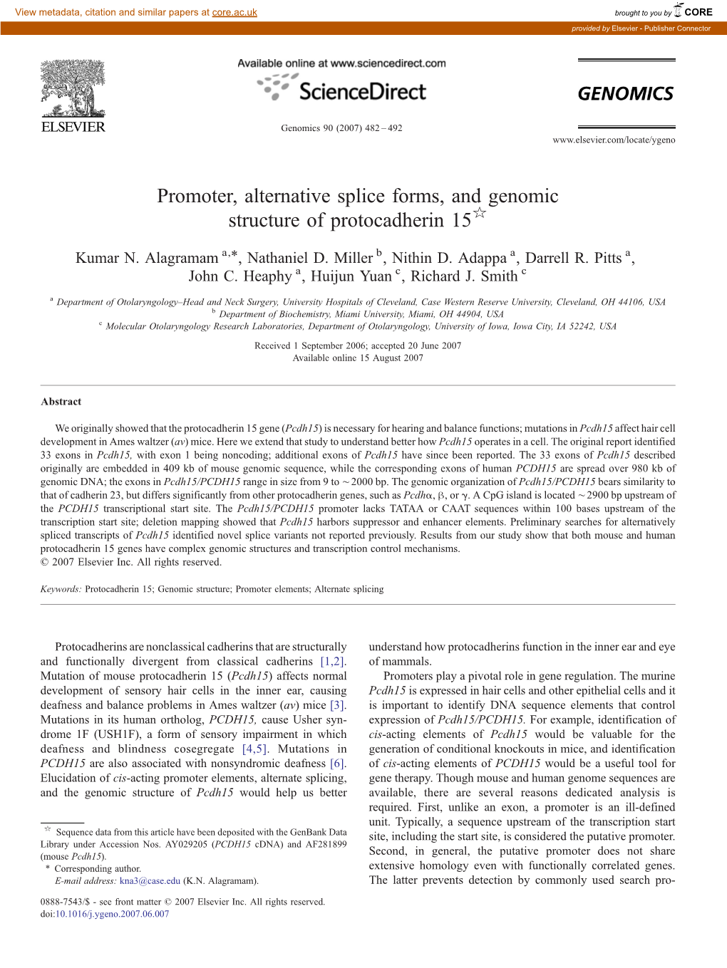 Promoter, Alternative Splice Forms, and Genomic Structure of Protocadherin 15☆ ⁎ Kumar N