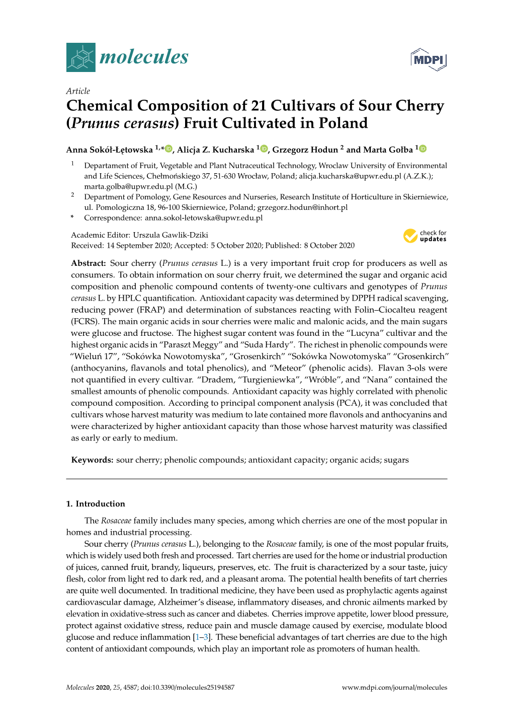 Chemical Composition of 21 Cultivars of Sour Cherry (Prunus Cerasus) Fruit Cultivated in Poland