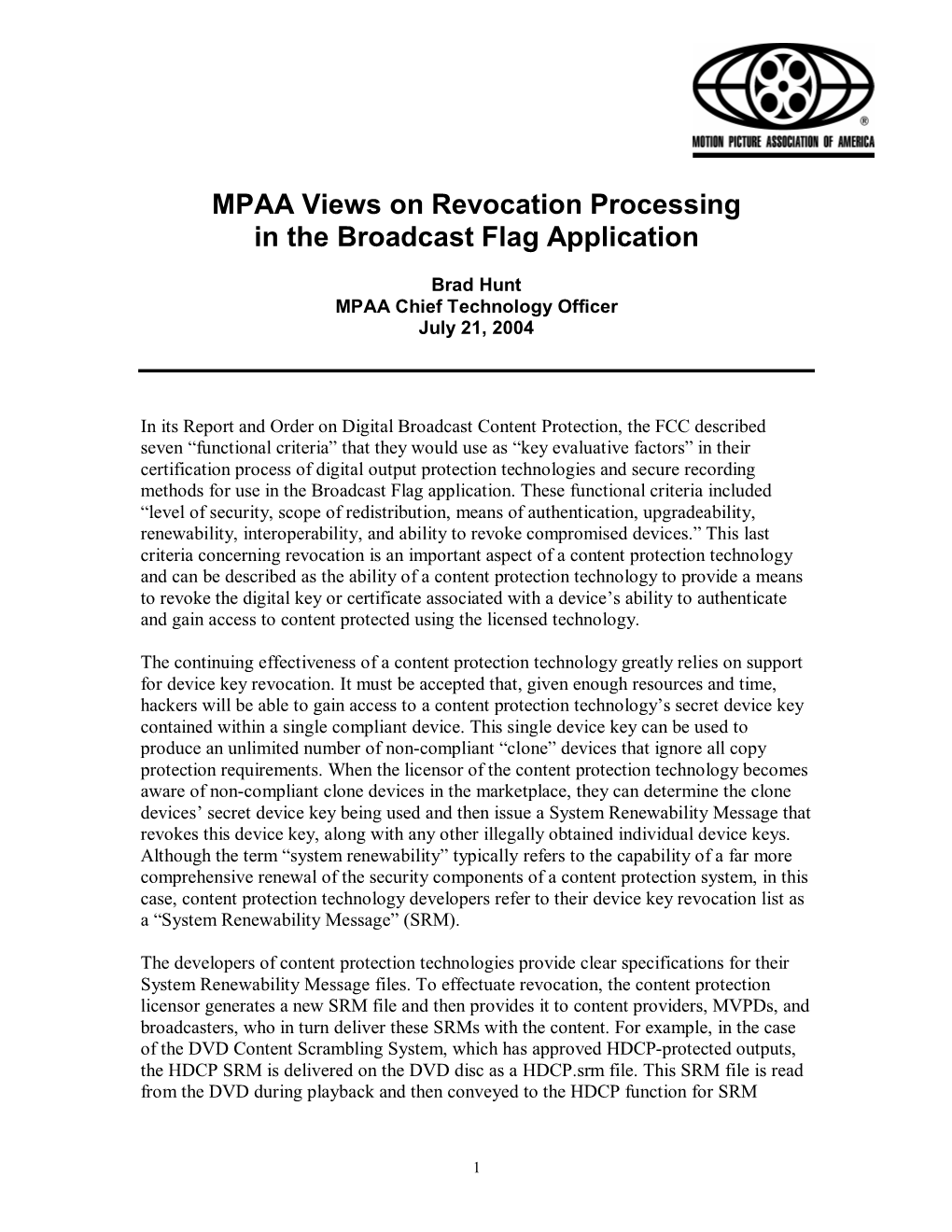 MPAA Views on Revocation Processing in the Broadcast Flag Application