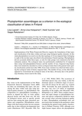 Phytoplankton Assemblages As a Criterion in the Ecological Classiﬁcation of Lakes in Finland