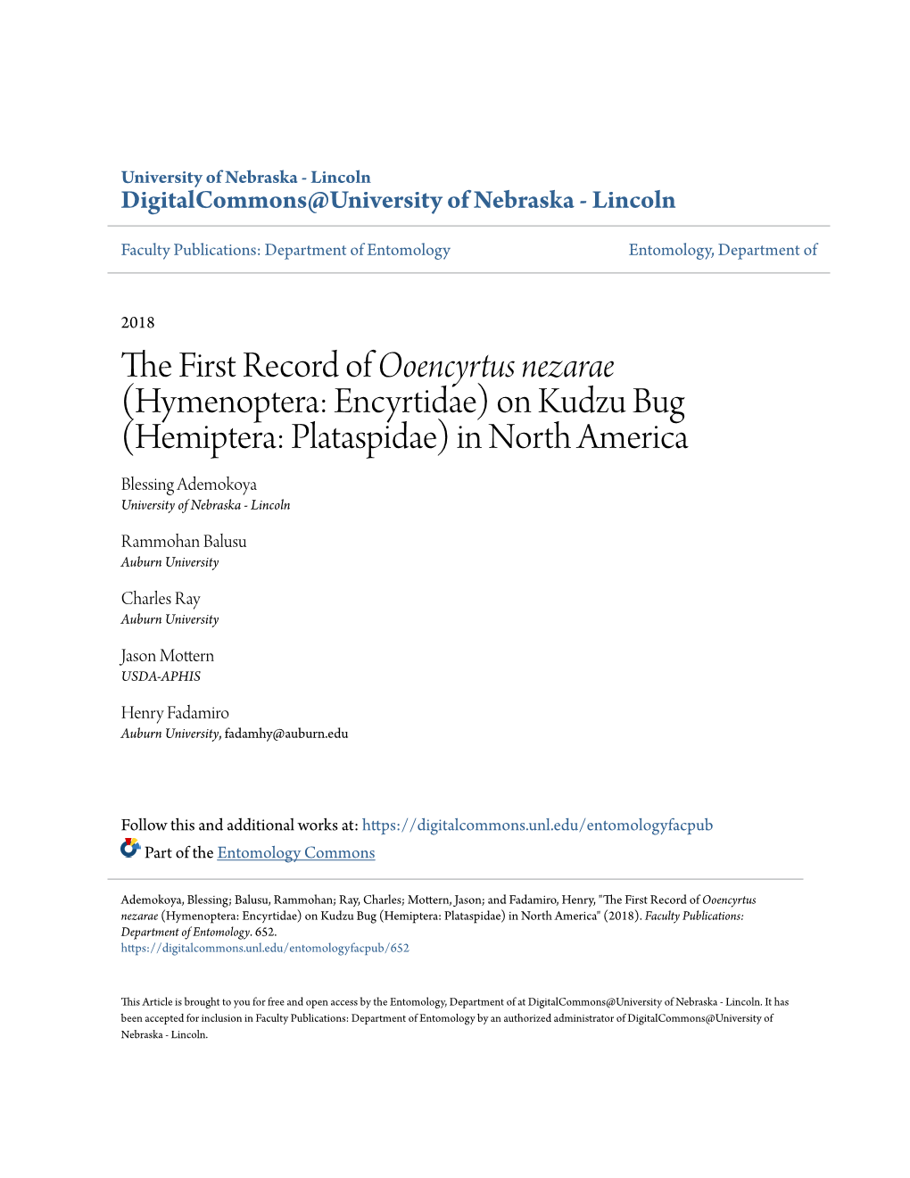 Hemiptera: Plataspidae) in North America Blessing Ademokoya University of Nebraska - Lincoln