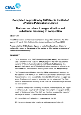 Completed Acquisition by DMG Media Limited of Jpimedia Publications Limited