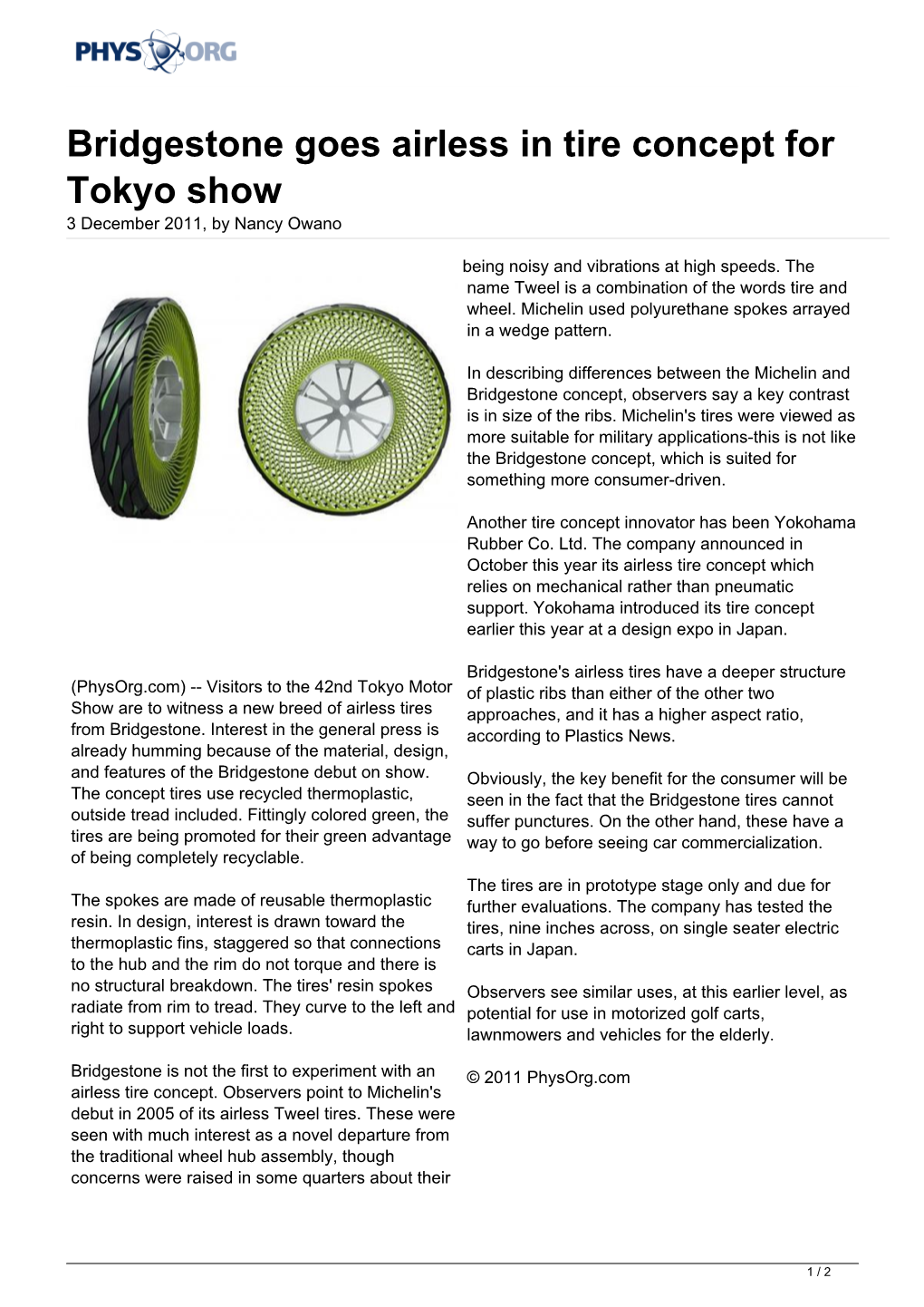 Bridgestone Goes Airless in Tire Concept for Tokyo Show 3 December 2011, by Nancy Owano