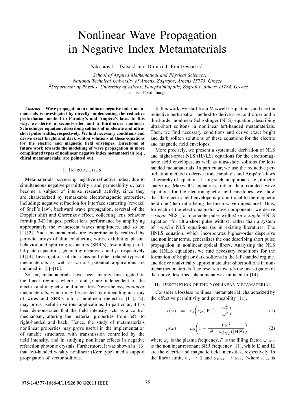 Nonlinear Wave Propagation in Negative Index Metamaterials