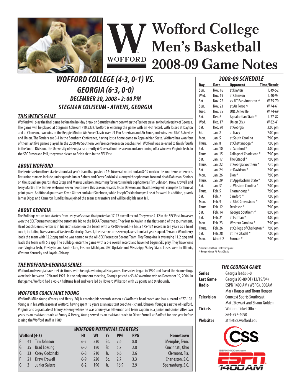 Wofford College Men's Basketball 2008-09 Game Notes