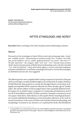 Hittite Etymologies and Notes*