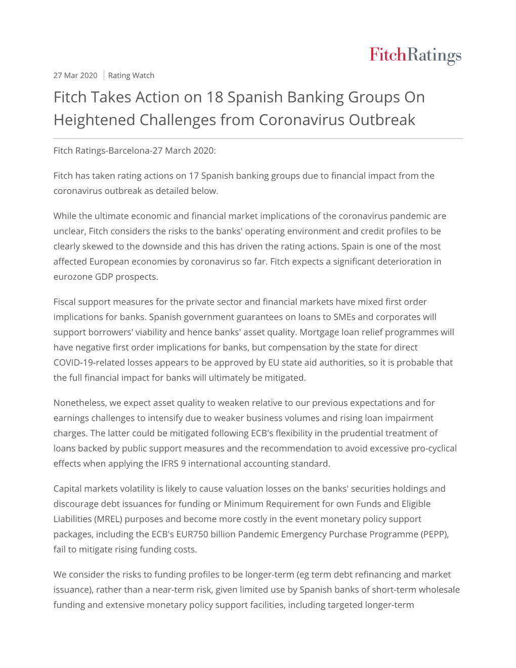 Fitch Takes Action on 18 Spanish Banking Groups on Heightened Challenges from Coronavirus Outbreak