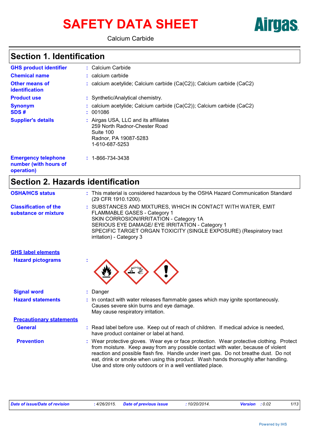 SAFETY DATA SHEET Calcium Carbide