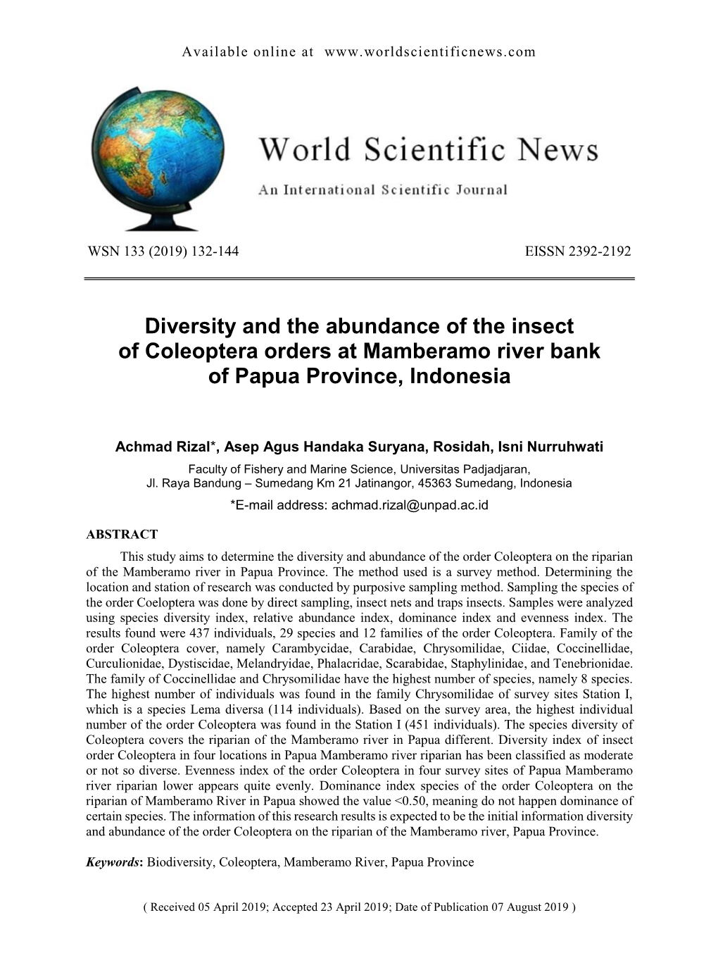 Diversity and the Abundance of the Insect of Coleoptera Orders at Mamberamo River Bank of Papua Province, Indonesia