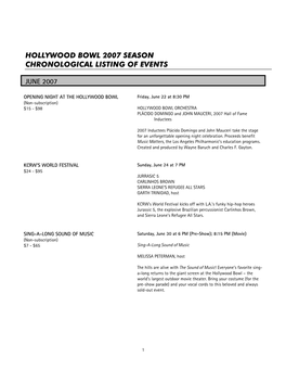 Hollywood Bowl 2007 Season Chronological Listing of Events