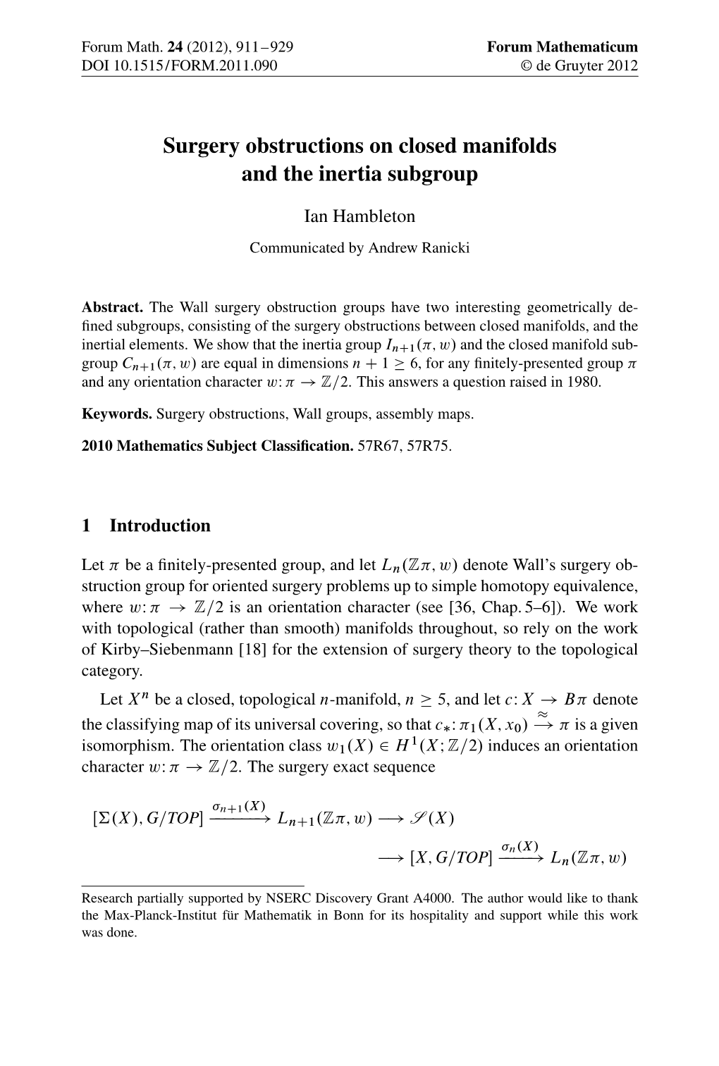 Surgery Obstructions on Closed Manifolds and the Inertia Subgroup