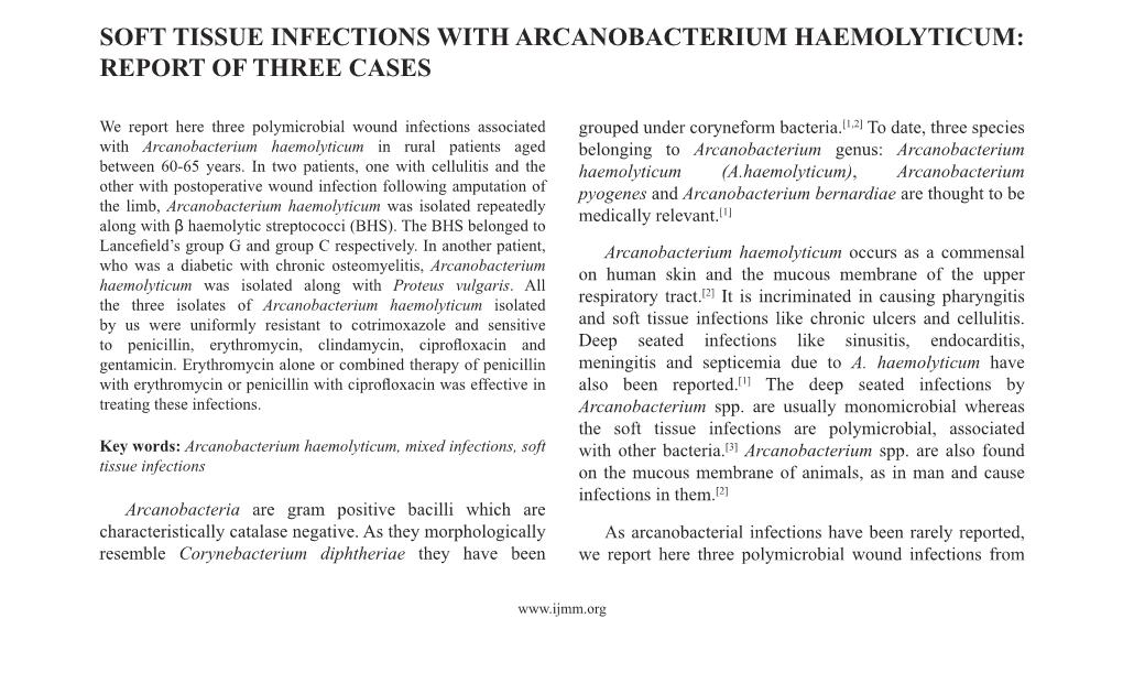 Soft Tissue Infections with Arcanobacterium Haemolyticum: Report of Three Cases