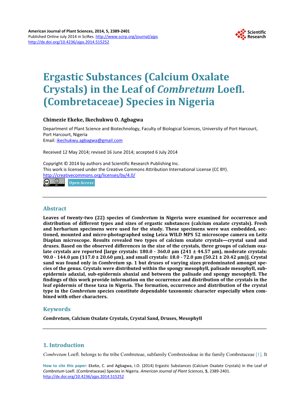 Ergastic Substances (Calcium Oxalate Crystals) in the Leaf of Combretum Loefl