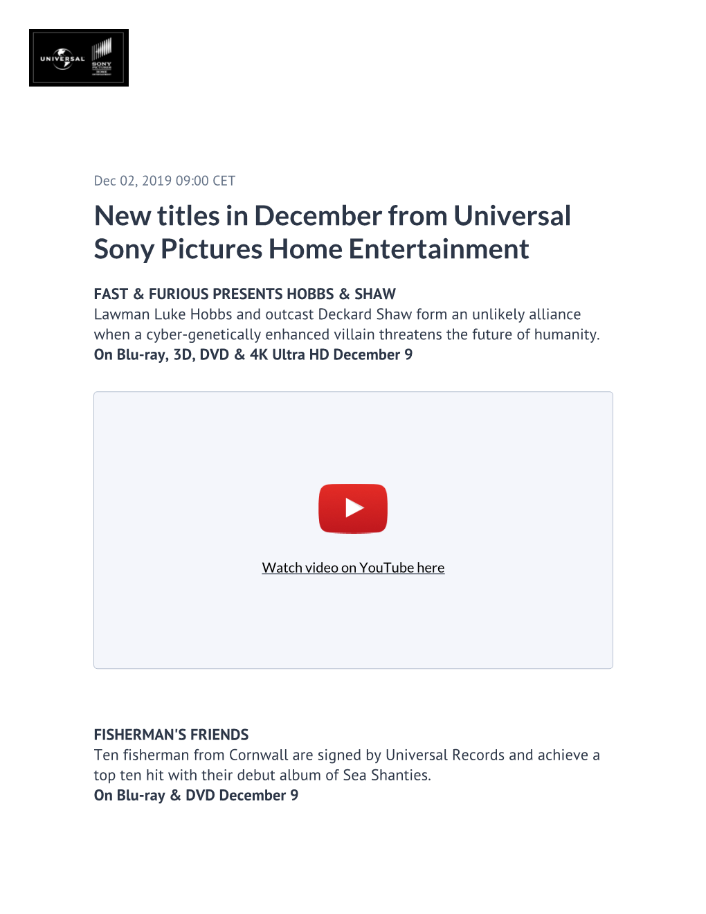 New Titles in December from Universal Sony Pictures Home Entertainment