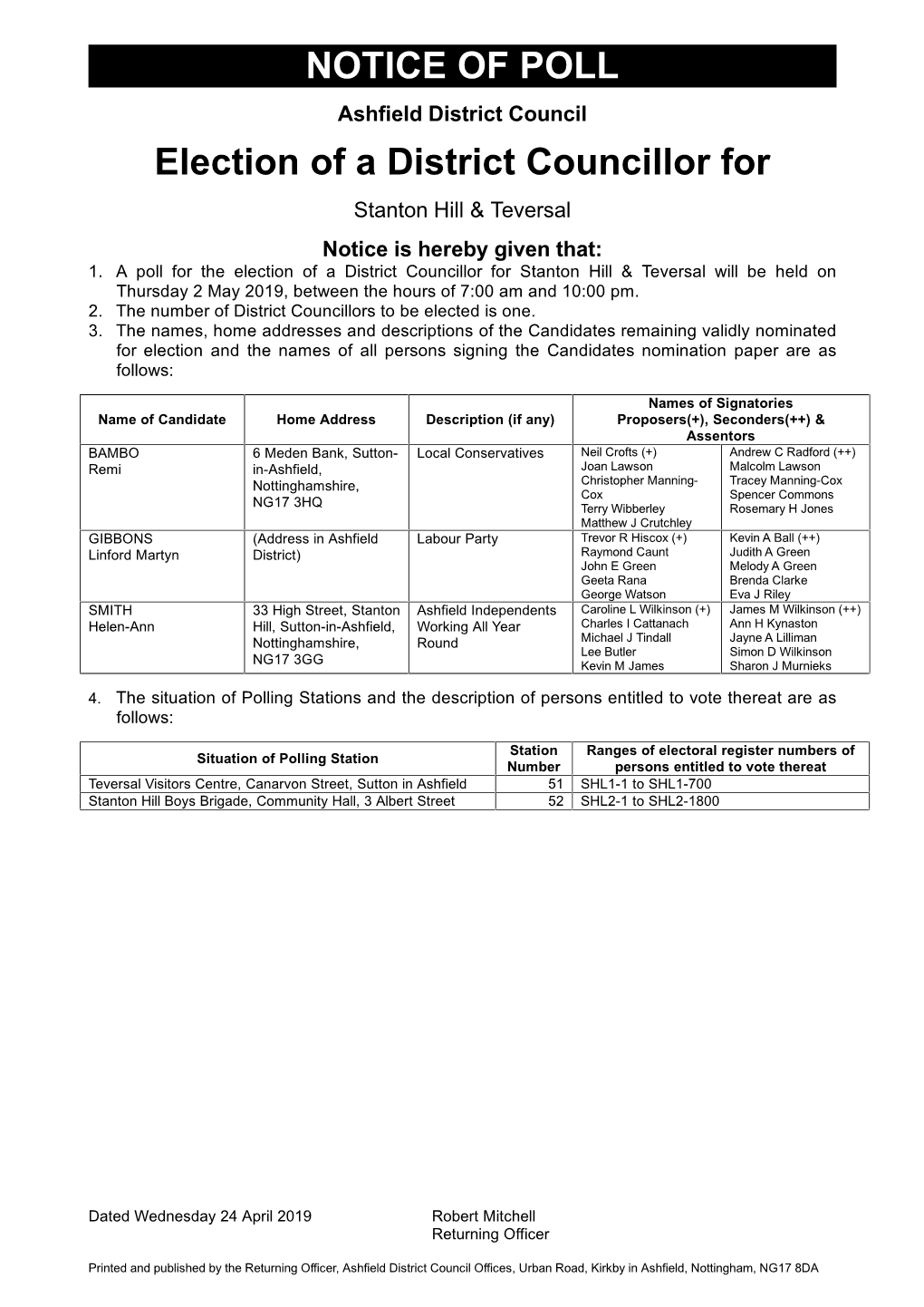 NOTICE of POLL Election of a District Councillor