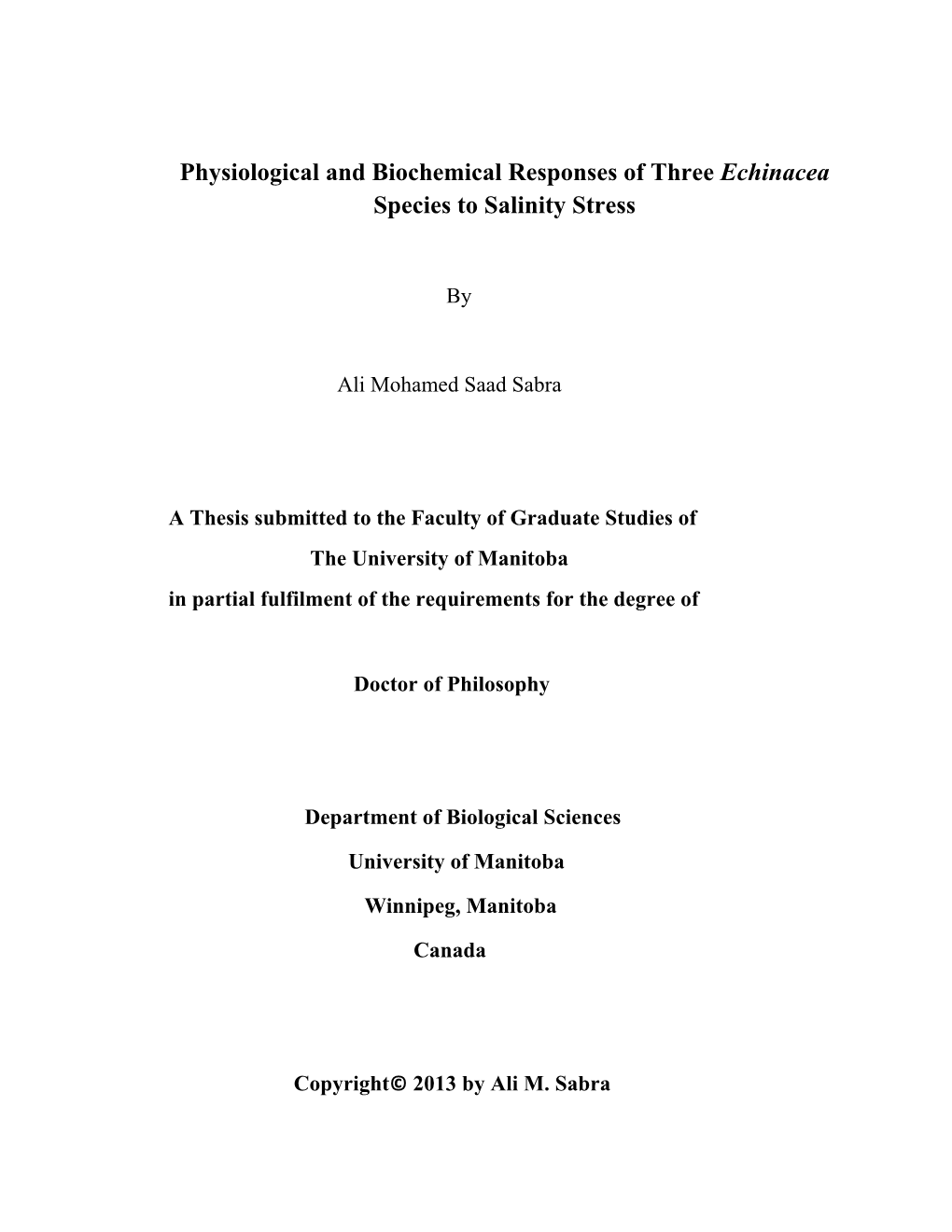 Physiological and Biochemical Responses of Three Echinacea Species to Salinity Stress