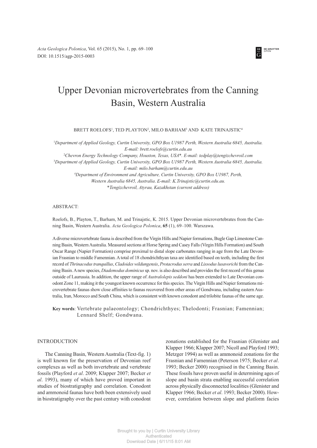 Upper Devonian Microvertebrates from the Canning Basin, Western Australia